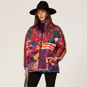 $345! Farm Rio Puffer Jacket Abstract Boho Print Crochet Detail Coat Medium NWT!